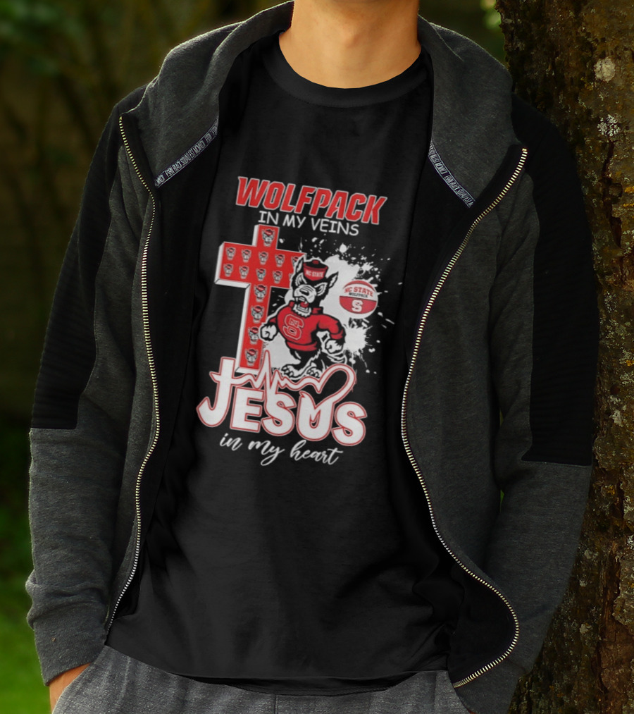 NC State Wolfpack In My Veins Jesus In My Heart Faithful Cross T-Shirt