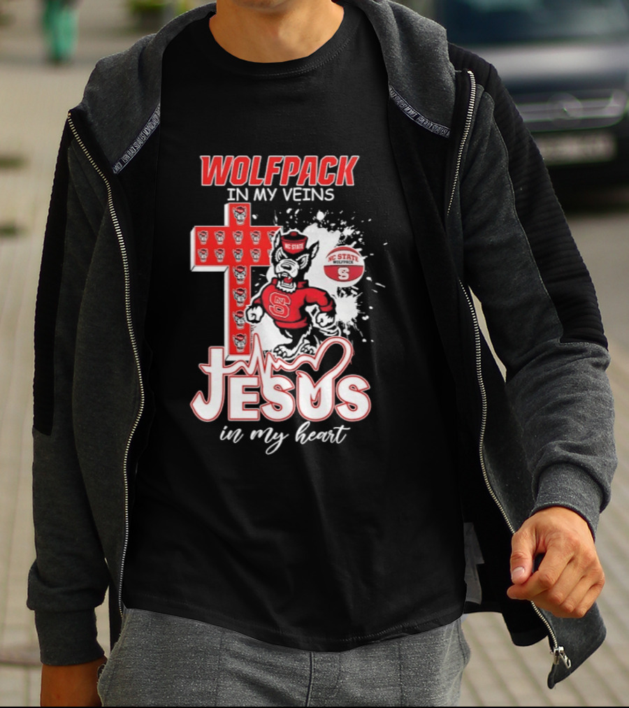NC State Wolfpack In My Veins Jesus In My Heart Faithful Cross T-Shirt