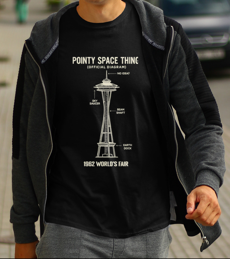 Pointy Space Thing Official Diagram 1962 World's Fair Sky Saucer Beam Shaft Earth Dock T-Shirt