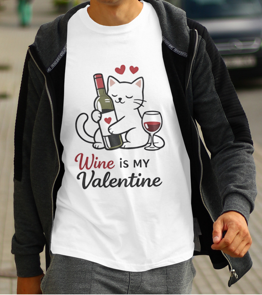 Cat Wine Is My Valentine With Hearts And Wine Glass T-Shirt