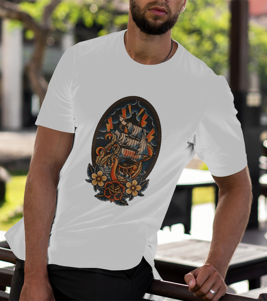 Kraken Sailboat Flower American Traditional Lightning Tattoo T-Shirt