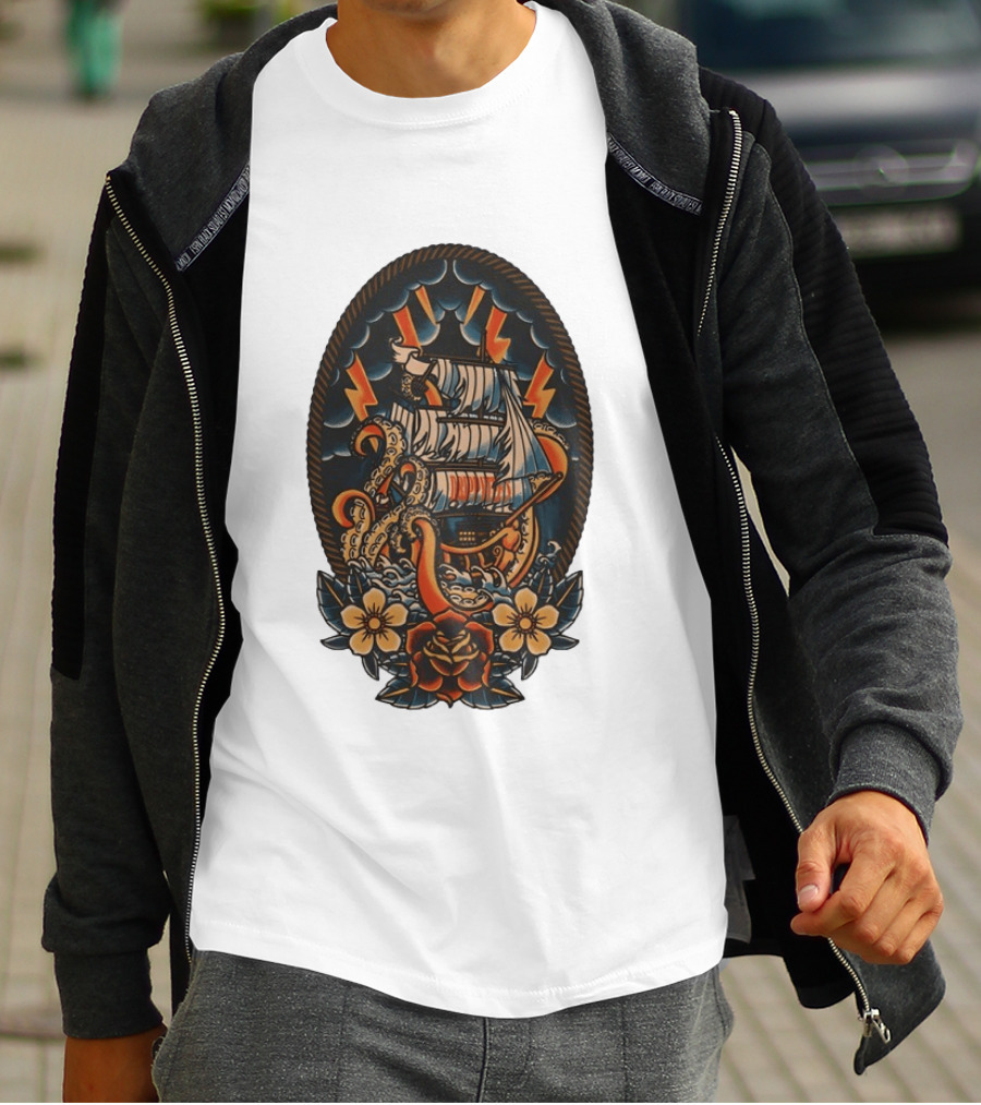 Kraken Sailboat Flower American Traditional Lightning Tattoo T-Shirt