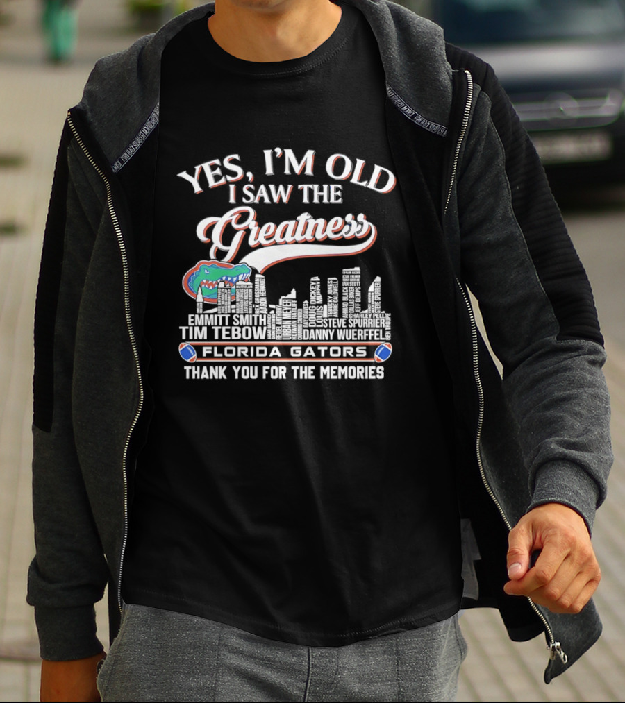 Yes I'm Old I Saw The Greatness Florida Gators Tim Tebow Danny Wuerffel City Skyline Thank You For The Memories T-Shirt