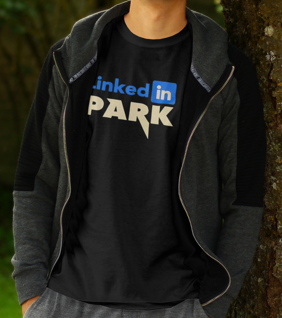 Linked In Park Blocky Font Text In Blue And Beige T-Shirt