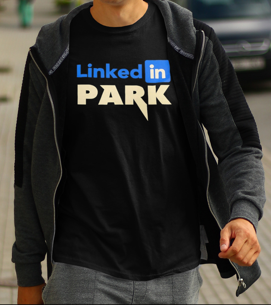 Linked In Park Blocky Font Text In Blue And Beige T-Shirt