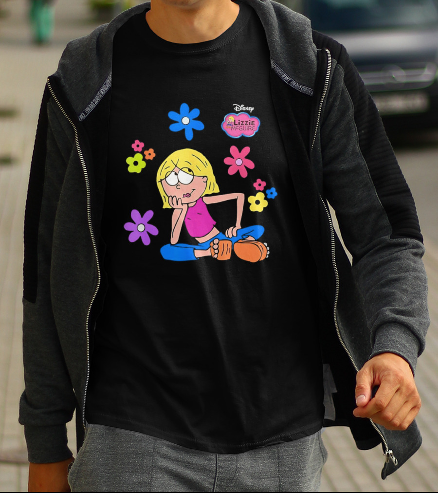 Lizzie McGuire Cartoon Colorful Flowers And Character Sitting Clipart T-Shirt