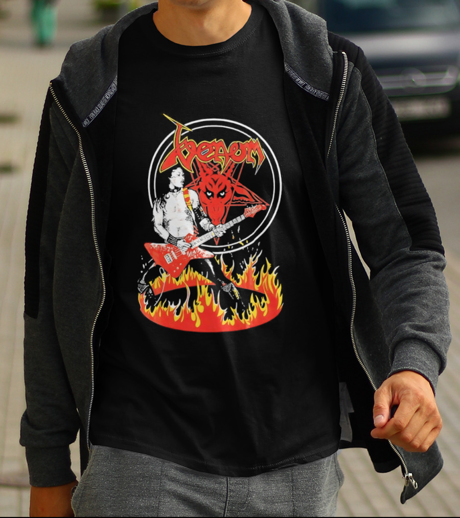 Venom Red Demon Guitarist Flaming Circle T-Shirt