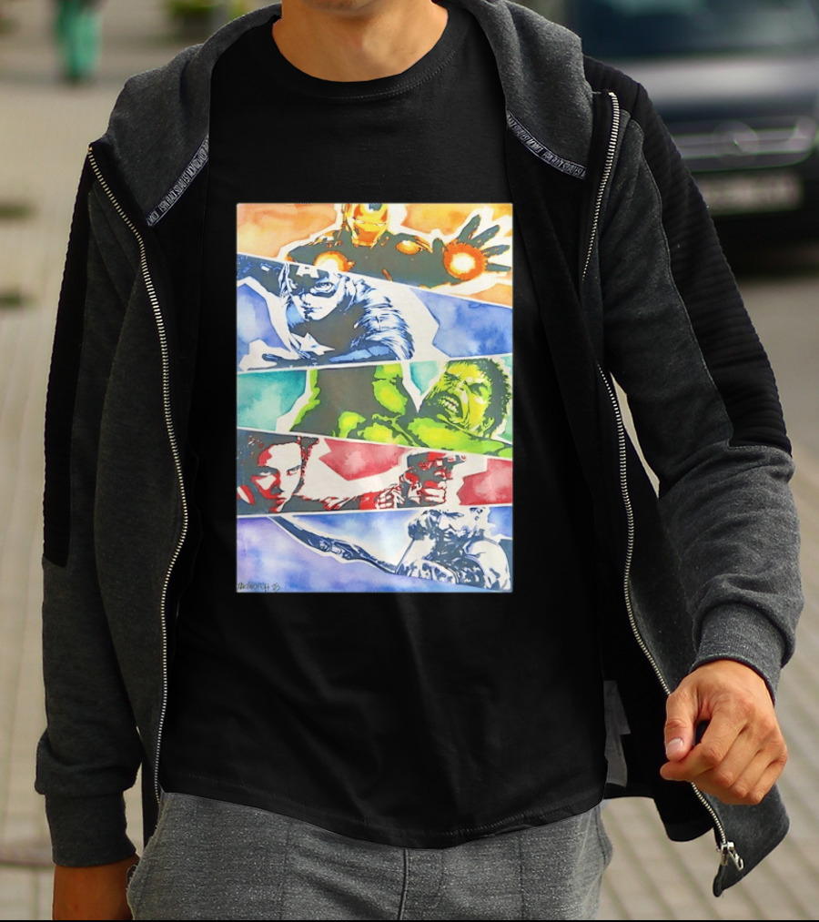 Avengers Iron Man Captain America Hulk Black Widow Thor Watercolor Comic Characters T-Shirt