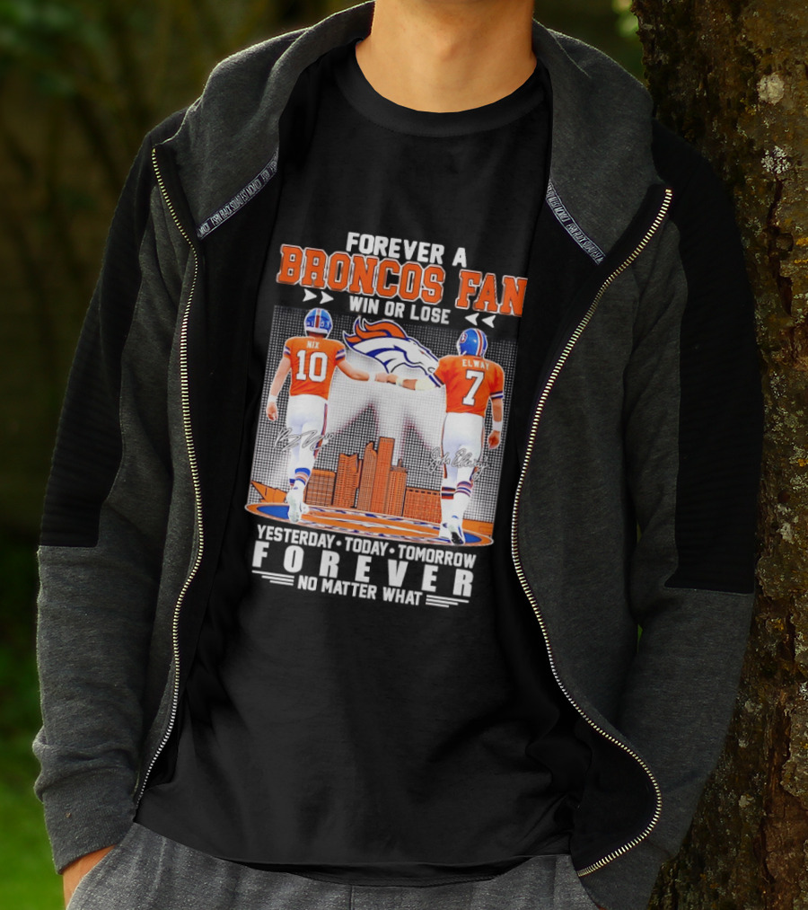 Forever A Broncos Fan Bo Nix John Elway City Skyline T-Shirt