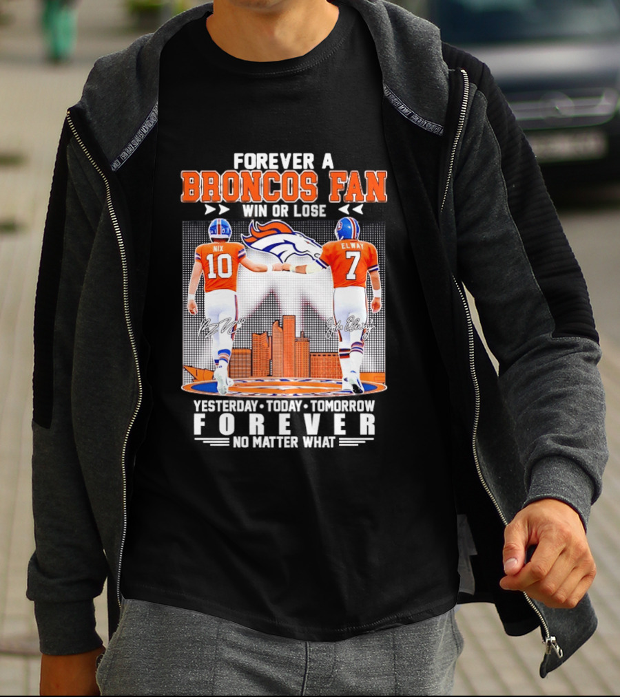 Forever A Broncos Fan Bo Nix John Elway City Skyline T-Shirt