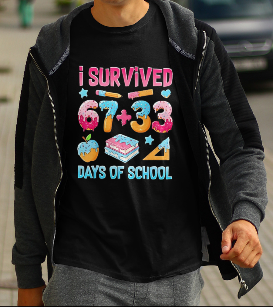 I Survived 67 Plus 33 Days Of School Apple Book Donut Melting T-Shirt