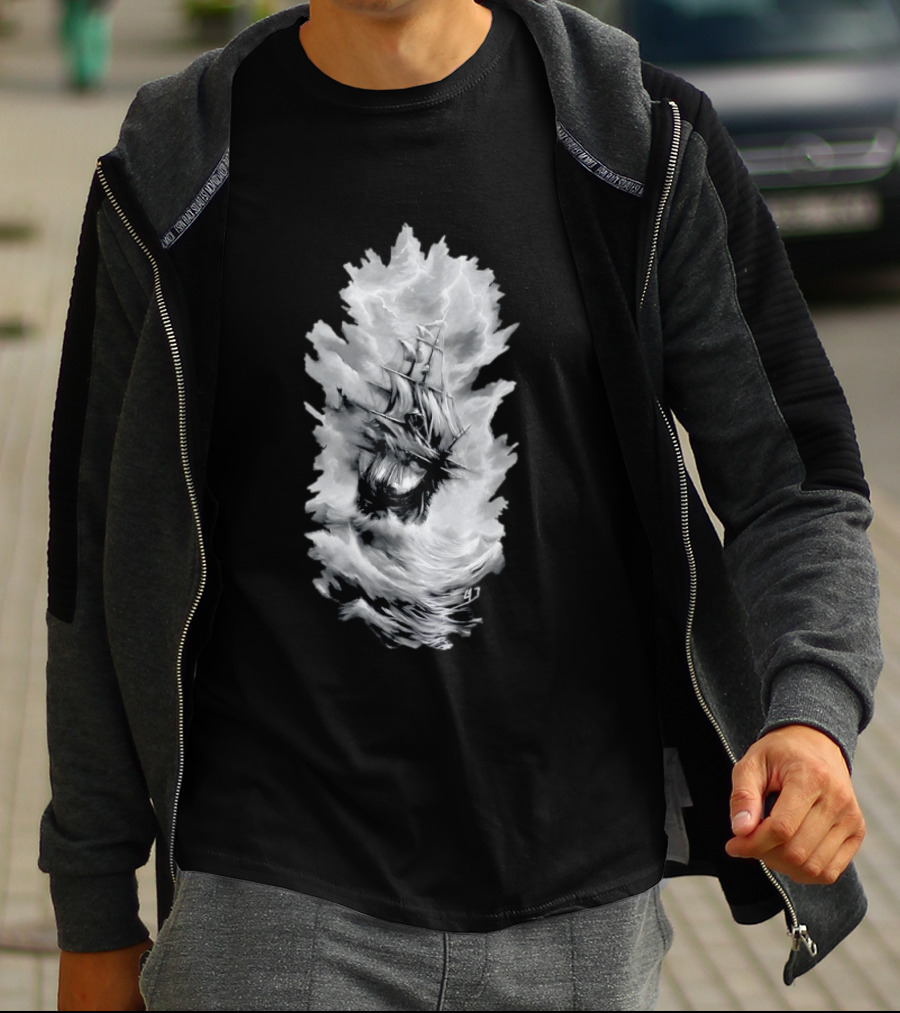 Driven By The Storm Sailing Ship Amidst Thunderous Waves T-Shirt