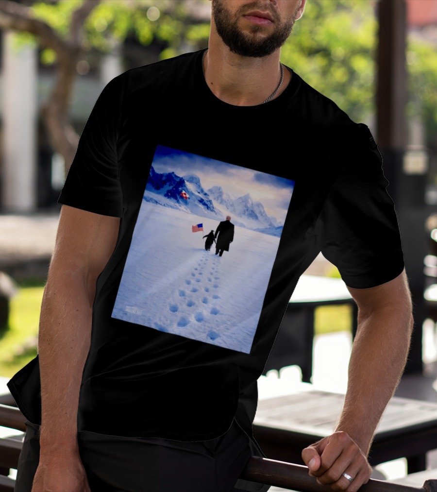 The White House Donald Trump Walking With Penguin American Canadian Flags Snowy Mountains T-Shirt