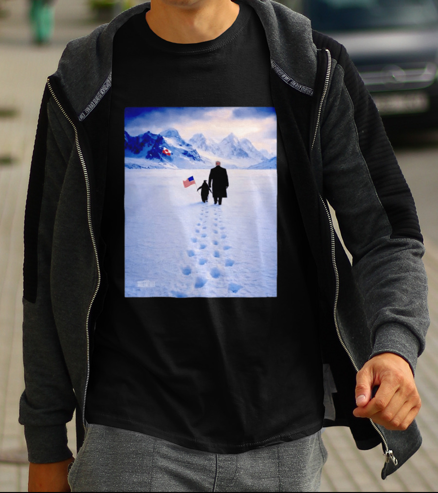 The White House Donald Trump Walking With Penguin American Canadian Flags Snowy Mountains T-Shirt