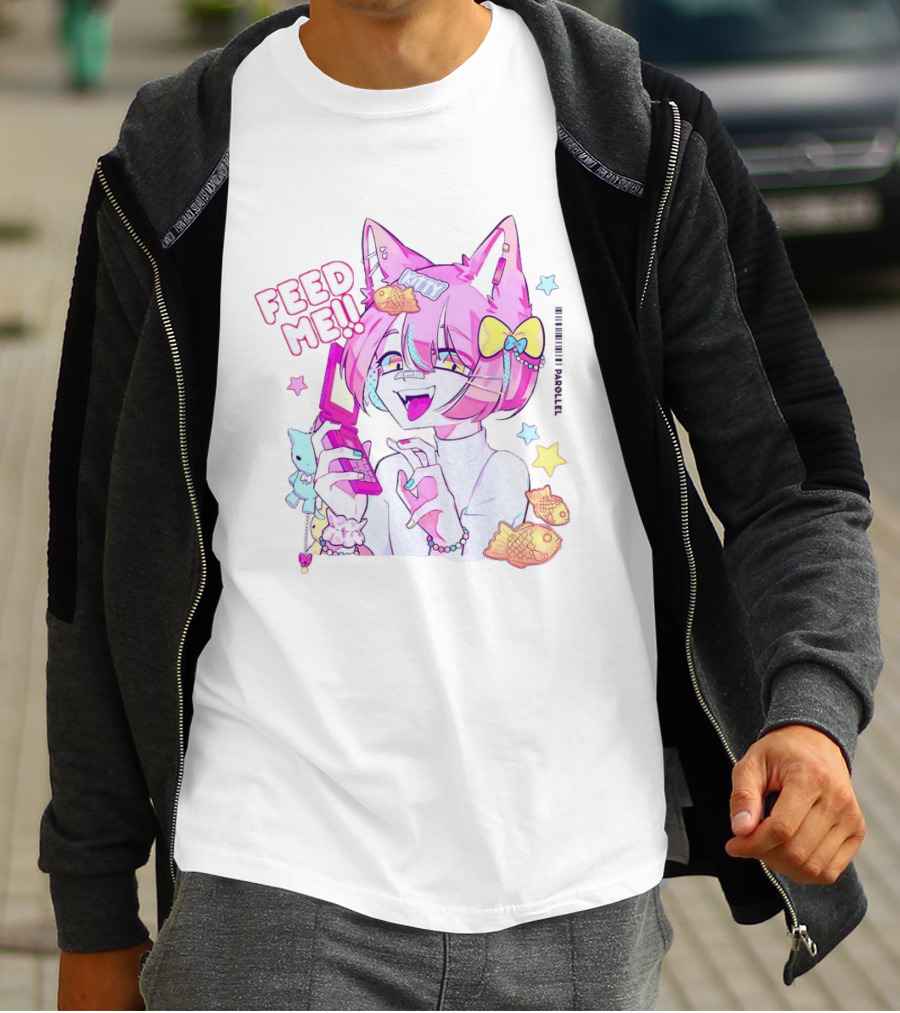 Anime Feed Me Pastel Kawaii Catgirl Eating Fish Cookies T-Shirt