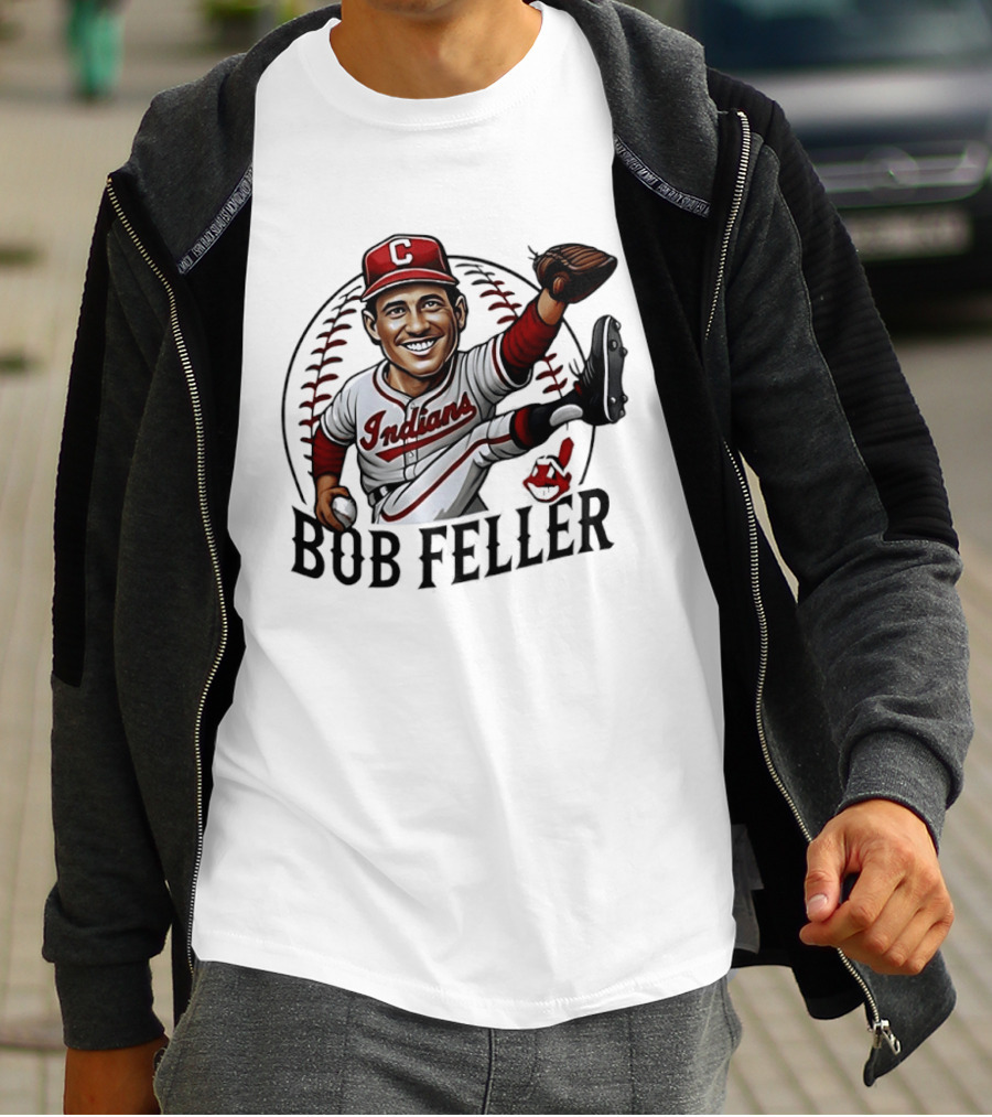 Bob Feller Cleveland Indians Baseball Pitcher Caricature T-Shirt