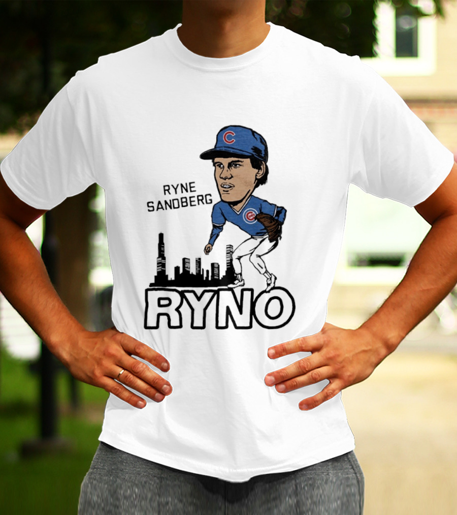 Ryne Sandberg Ryno Chicago Cubs Cartoon Skyline T-Shirt