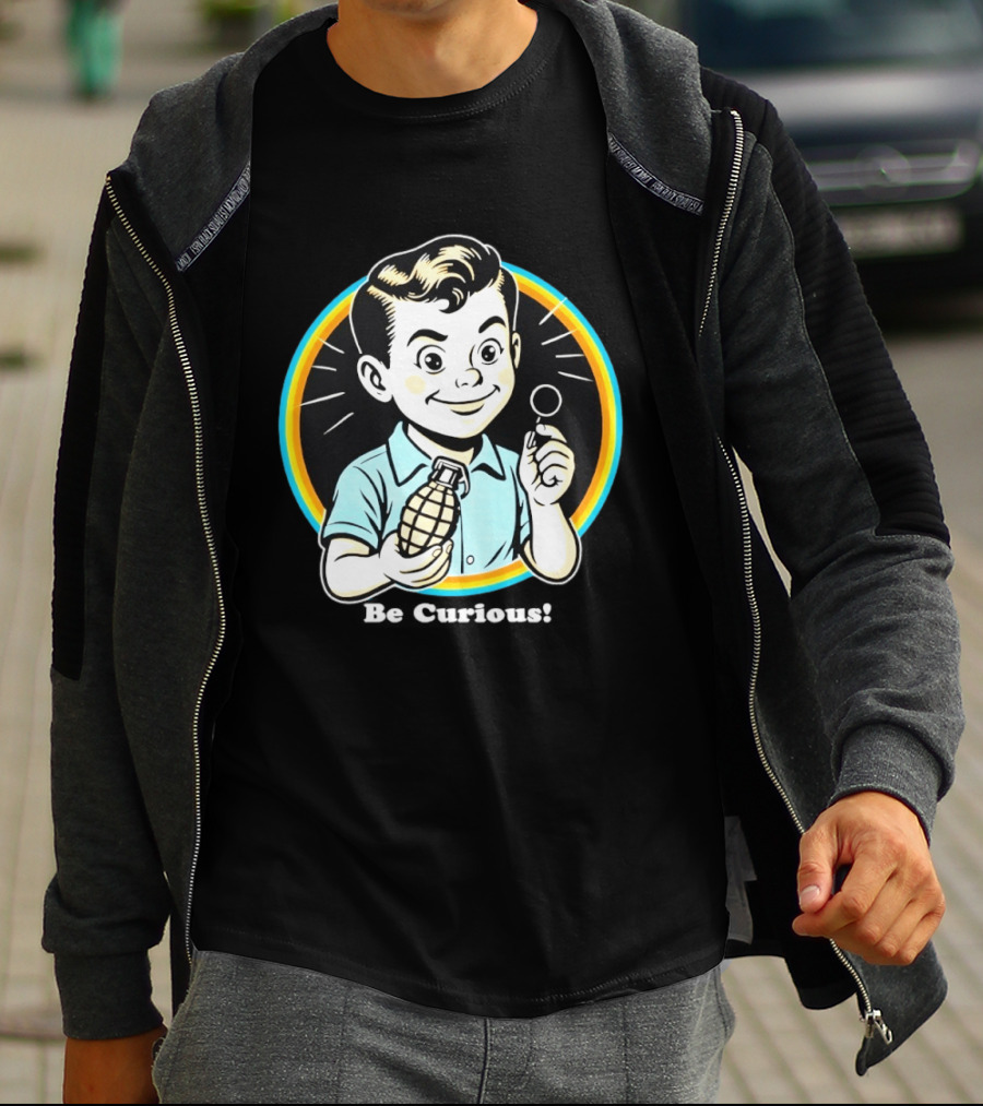 Be Curious Retro Comic Style Boy Holding Grenade And Pin T-Shirt