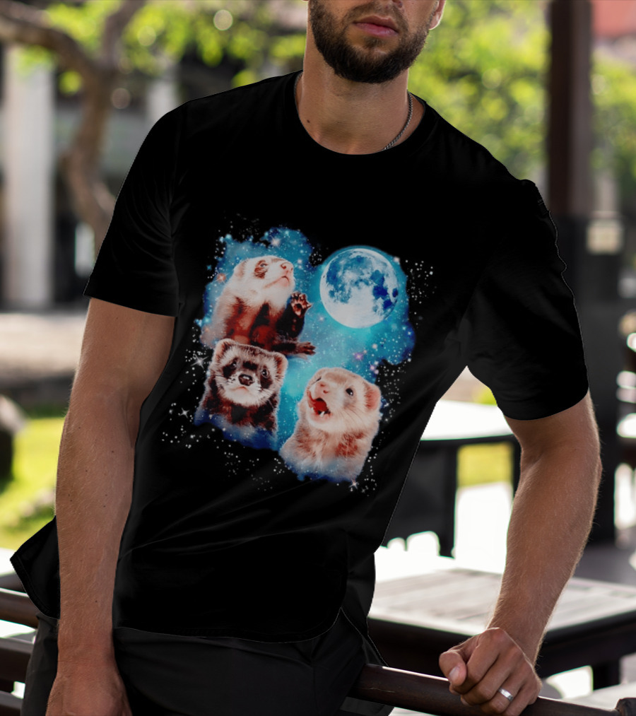 Ferret Trio With Full Moon And Starlit Sky T-Shirt