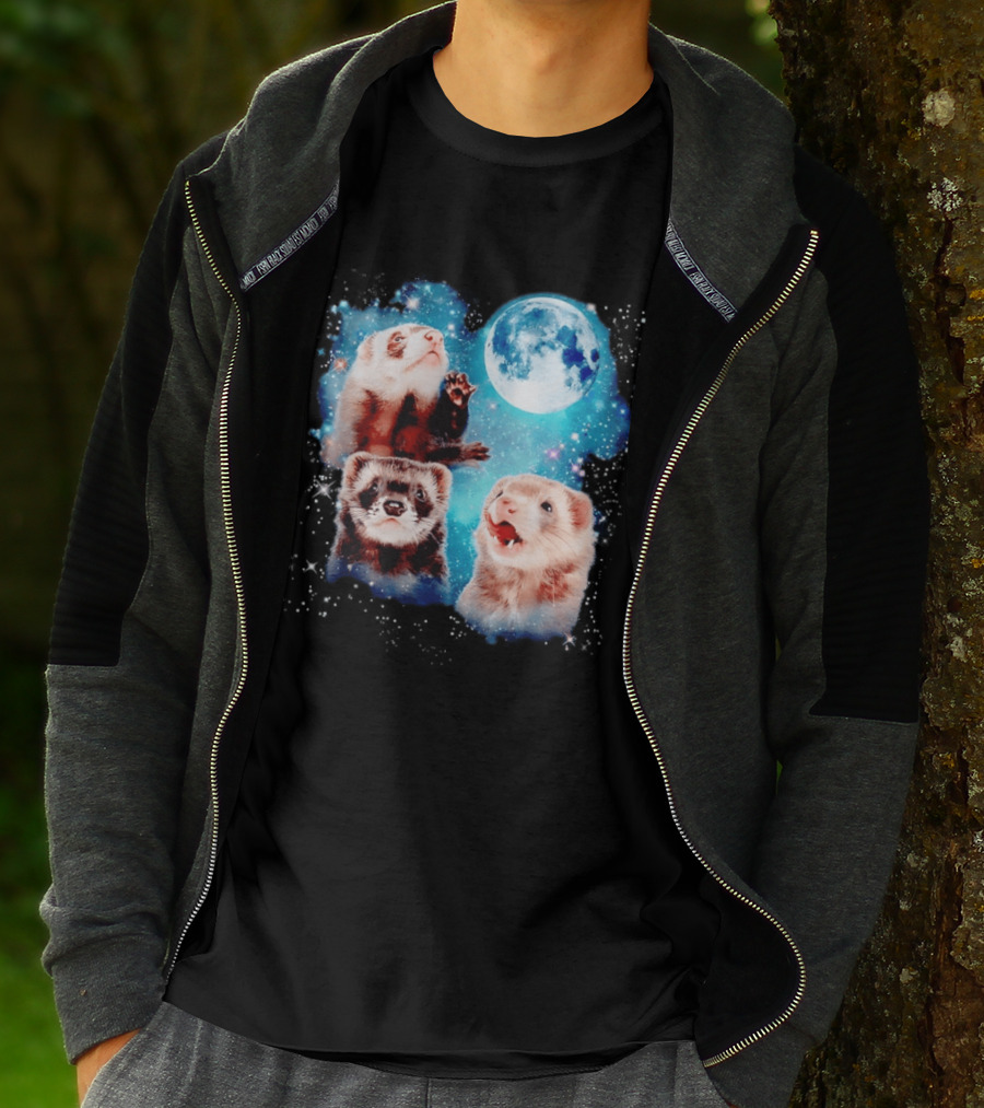Ferret Trio With Full Moon And Starlit Sky T-Shirt