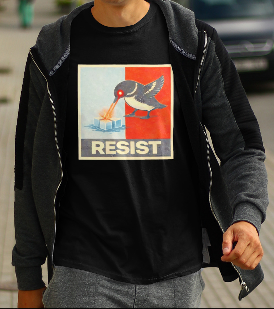 Resist Penguin Melting Ice Laser Eyes Red Blue Split T-Shirt