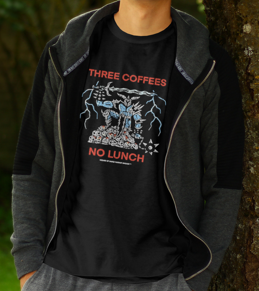 Three Coffees No Lunch Robot Lightning Starburst T-Shirt
