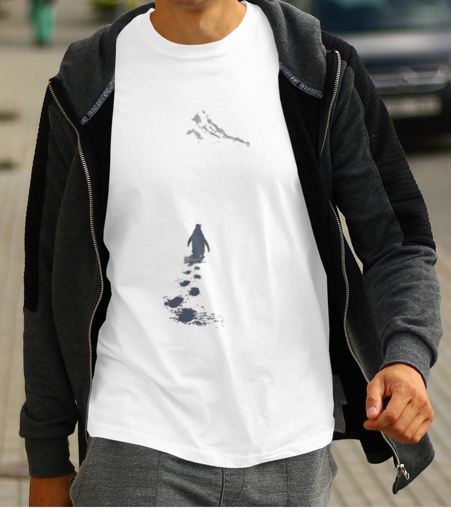 Nihilist Penguin Following Footprints Across White Snow T-Shirt