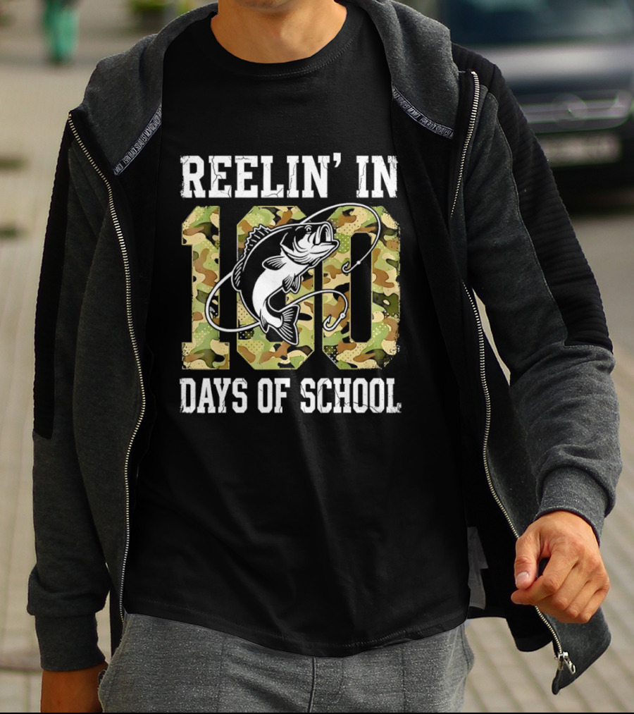Reelin' In 100 Days Of School Bass Camo Fishing T-Shirt