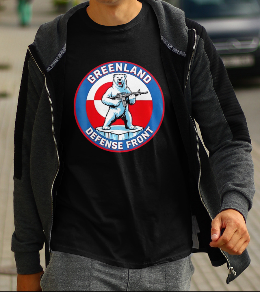 Greenland Defense Front Grumpy Polar Bear Holding Rifle T-Shirt