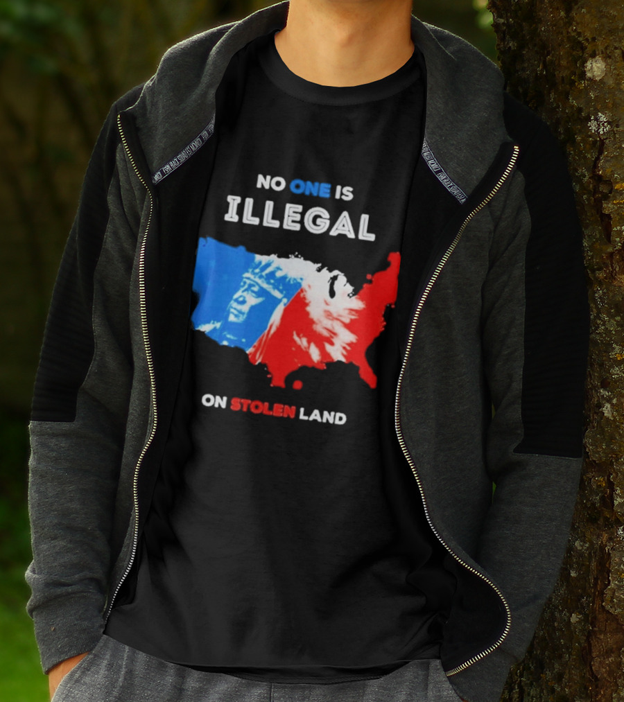No One Is Illegal On Stolen Land Red Blue Map Indigenous American T-Shirt