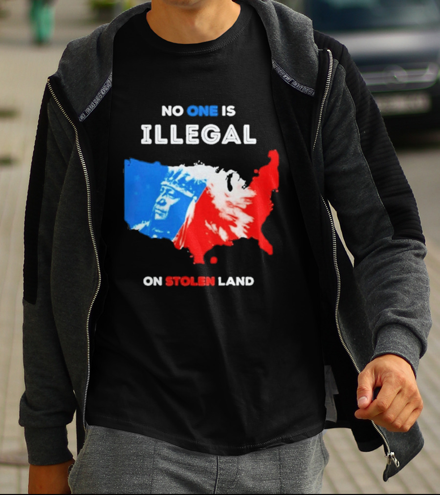 No One Is Illegal On Stolen Land Red Blue Map Indigenous American T-Shirt