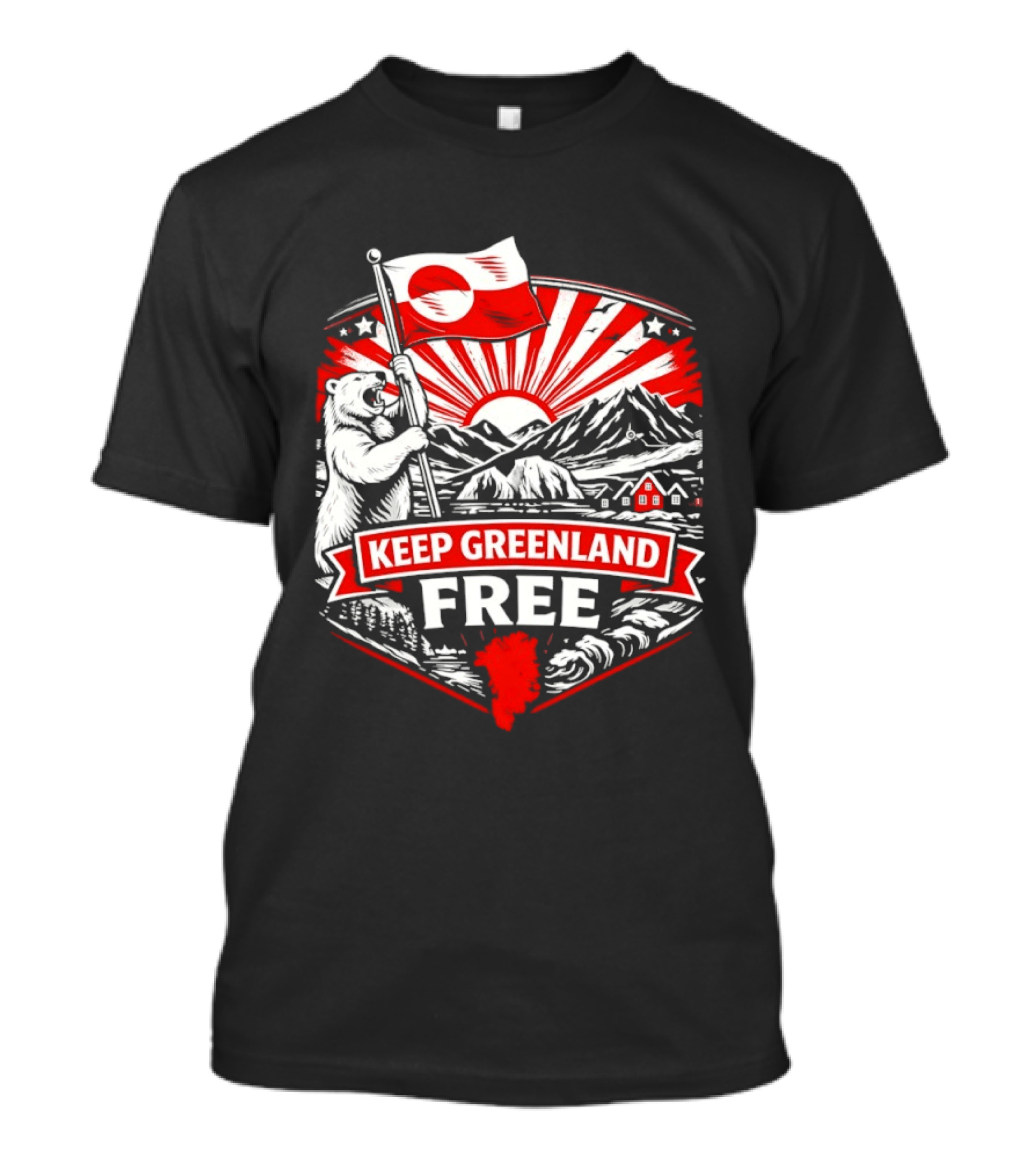 Polar Bear Holding Flag Keep Greenland Free Mountains And Sunburst T-Shirt