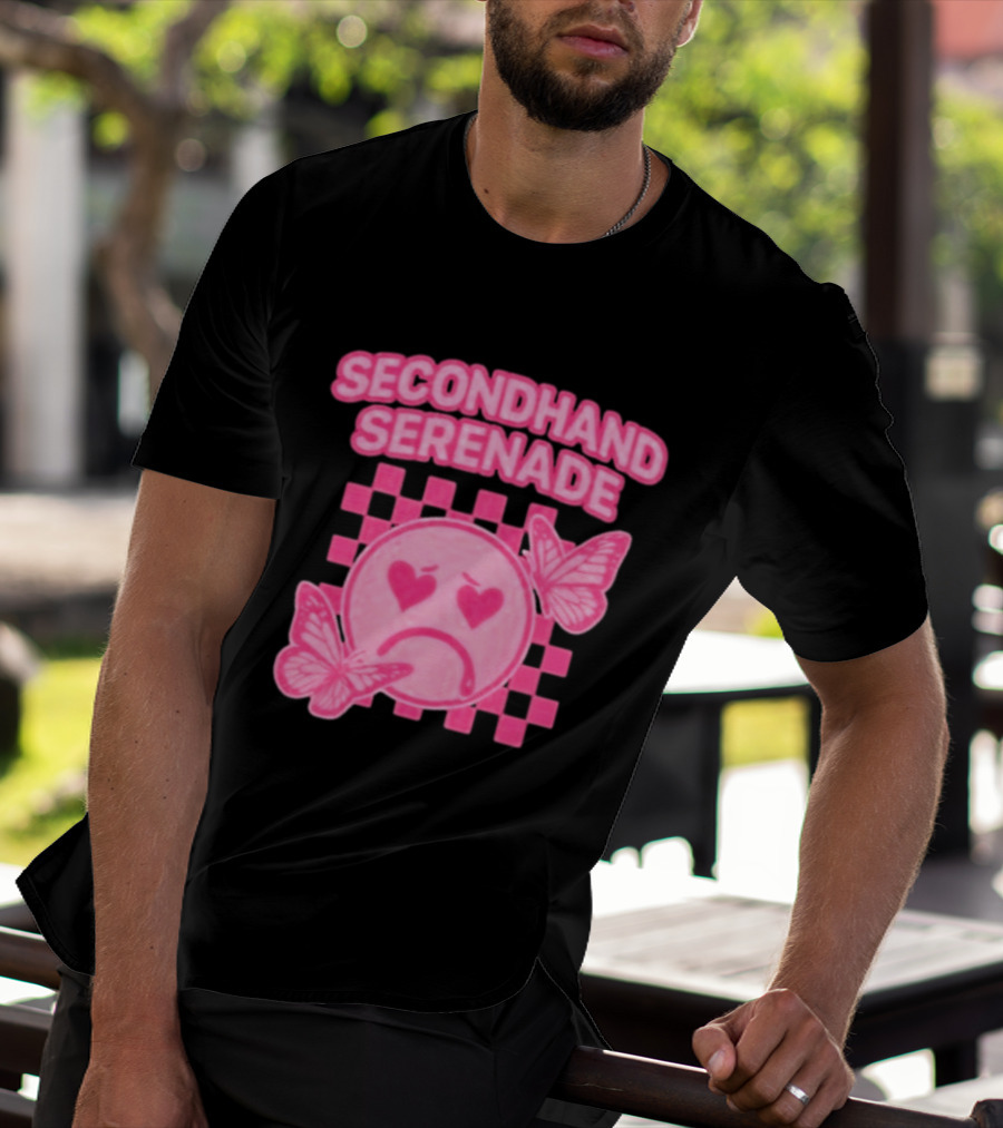 Secondhand Serenade Sad Emo Pink Heartbroken Face With Butterflies T-Shirt