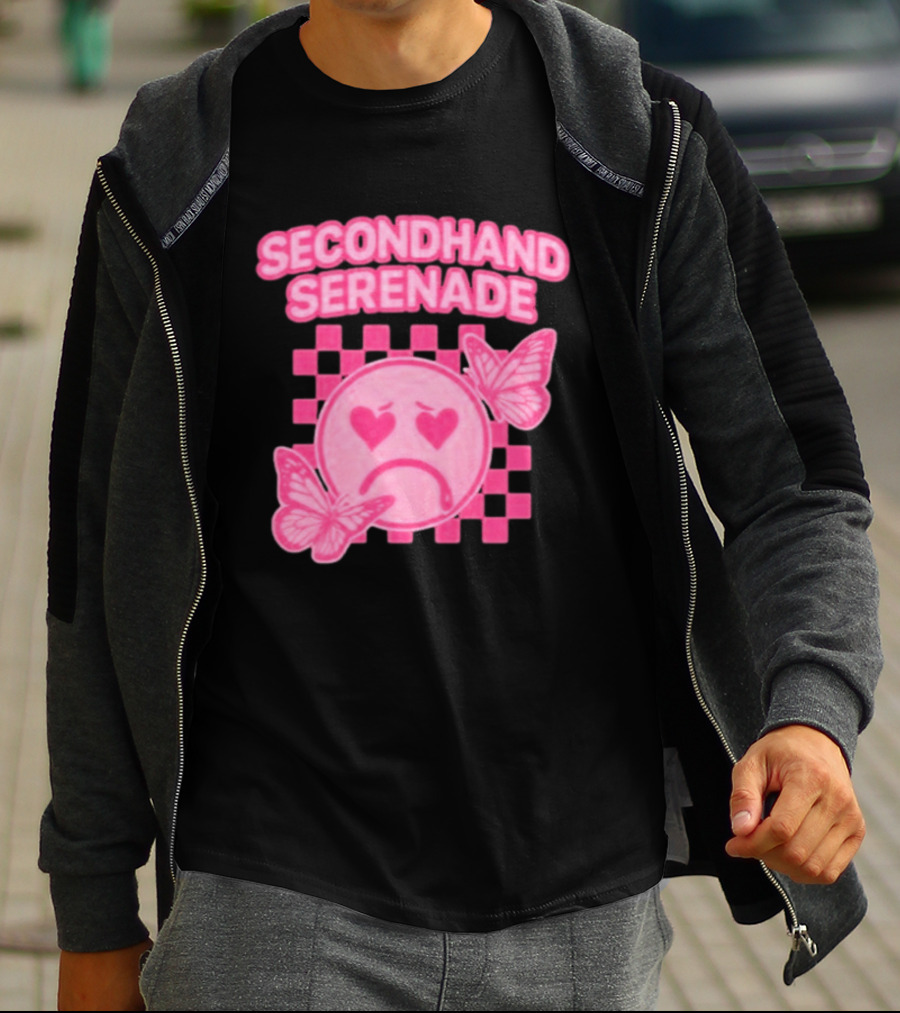 Secondhand Serenade Sad Emo Pink Heartbroken Face With Butterflies T-Shirt