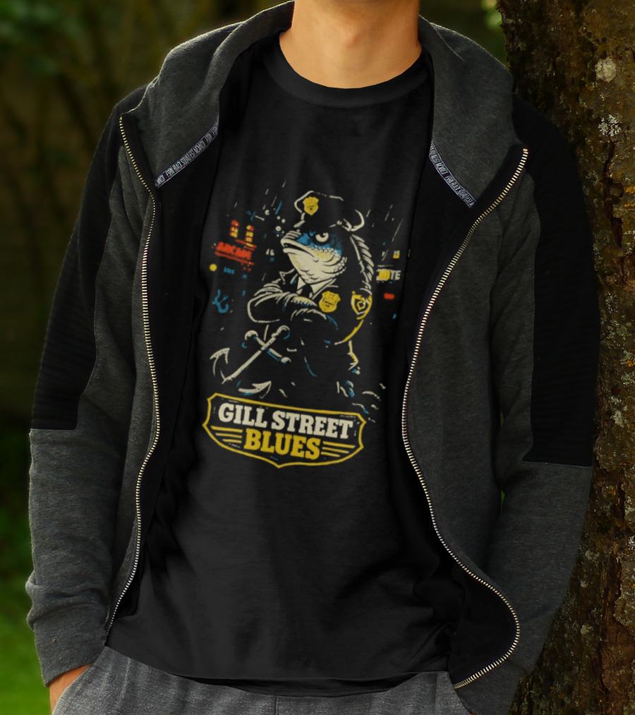Gill Street Blues Police Fish Retro Cartoon T-Shirt