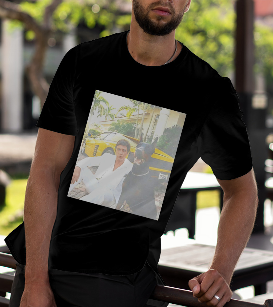 Tony Montana With Dog In Front Of Yellow Sports Car Scene From Scarface T-Shirt