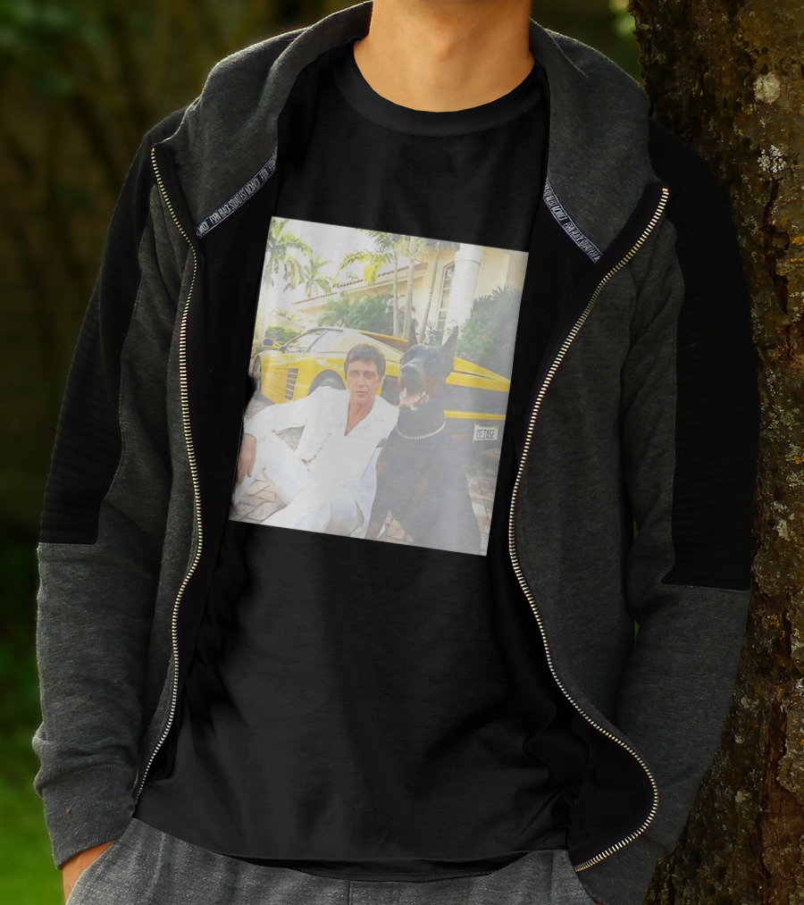 Tony Montana With Dog In Front Of Yellow Sports Car Scene From Scarface T-Shirt
