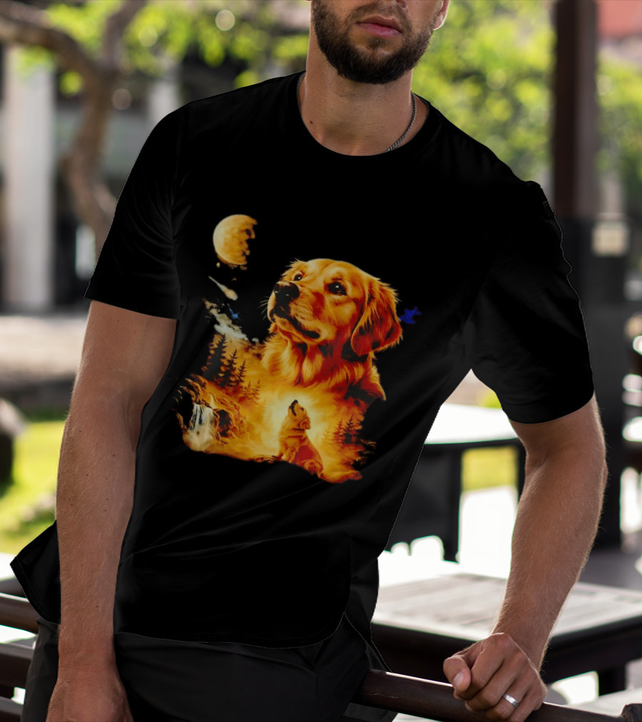 Golden Retriever Majestic Night Howl At Moonlit Waterfall T-Shirt