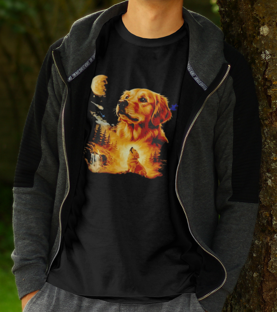 Golden Retriever Majestic Night Howl At Moonlit Waterfall T-Shirt