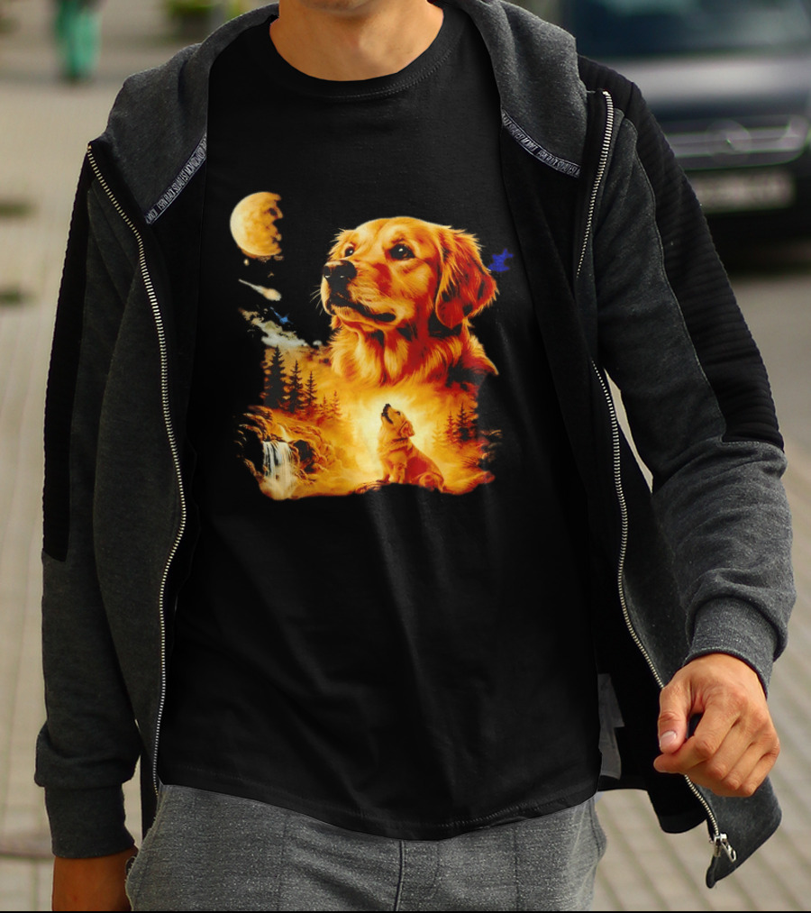 Golden Retriever Majestic Night Howl At Moonlit Waterfall T-Shirt