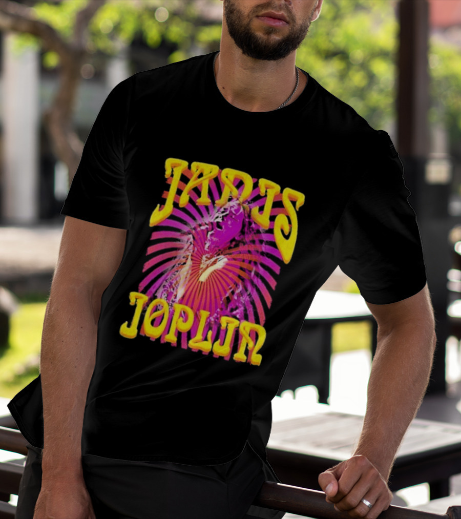 Janis Joplin Psychedelic Swirl Vibrant Yellow Text Pink Burst T-Shirt