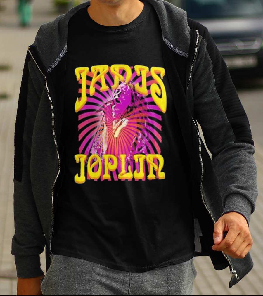 Janis Joplin Psychedelic Swirl Vibrant Yellow Text Pink Burst T-Shirt