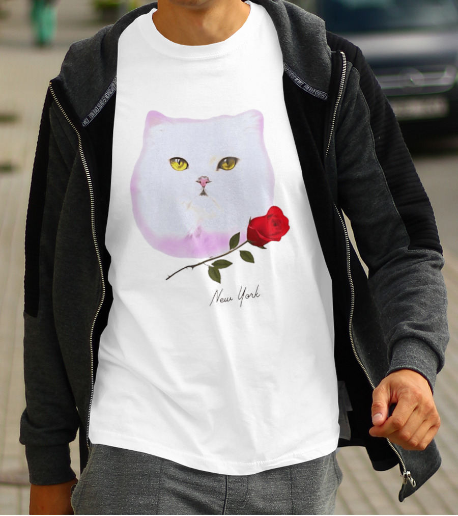 Cat Rose New York White Cat Face Yellow Eyes Red Rose T-Shirt