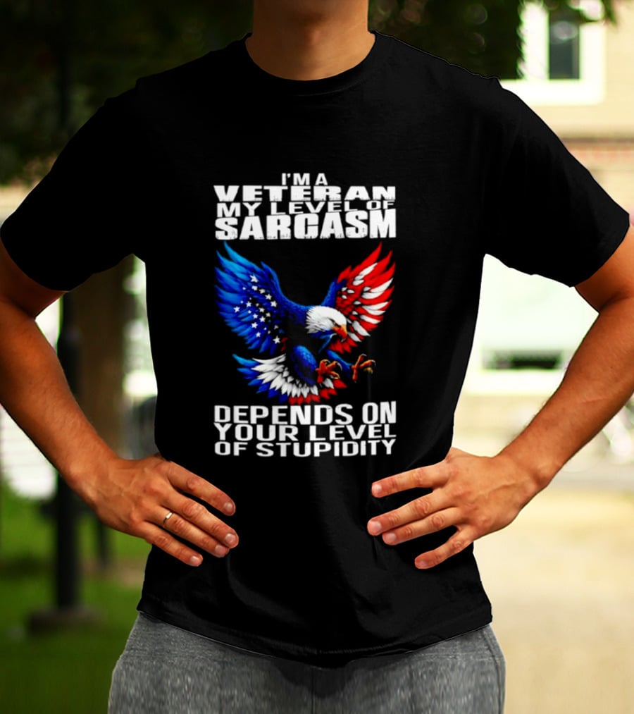 I'm A Veteran My Level Of Sarcasm Depends On Your Level Of Stupidity Patriotic Eagle T-Shirt