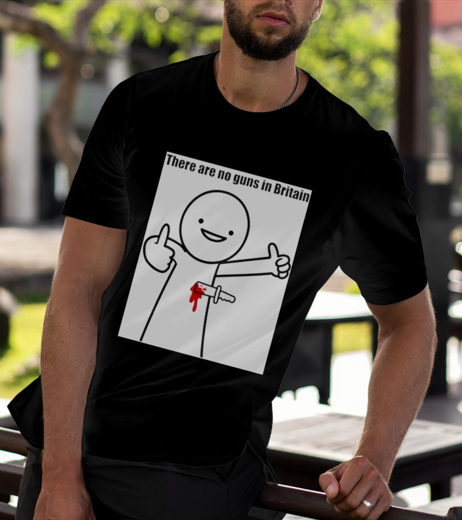 There Are No Guns In Britain Cartoon Knife Joke T-Shirt