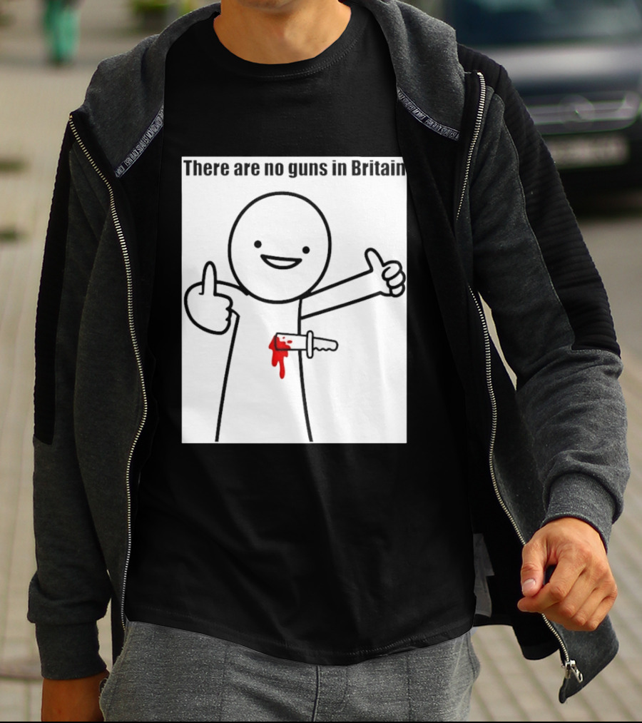 There Are No Guns In Britain Cartoon Knife Joke T-Shirt