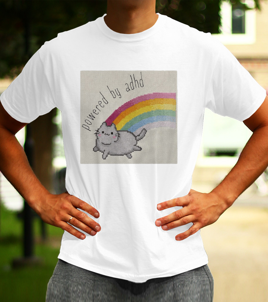 Cat Powered By ADHD Rainbow Cute Cross Stitch Patchwork T-Shirt