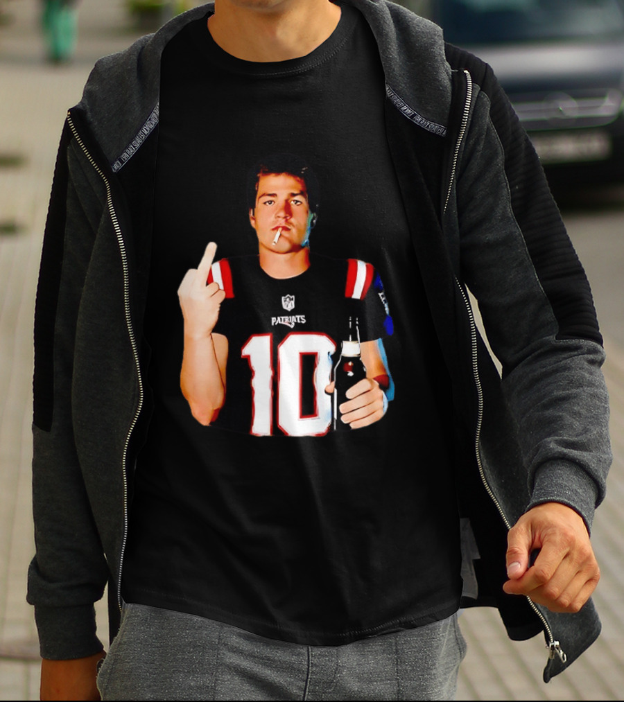 Drake Maye Middle Finger Smoking Holding Beer Can New England Patriots 10 T-Shirt
