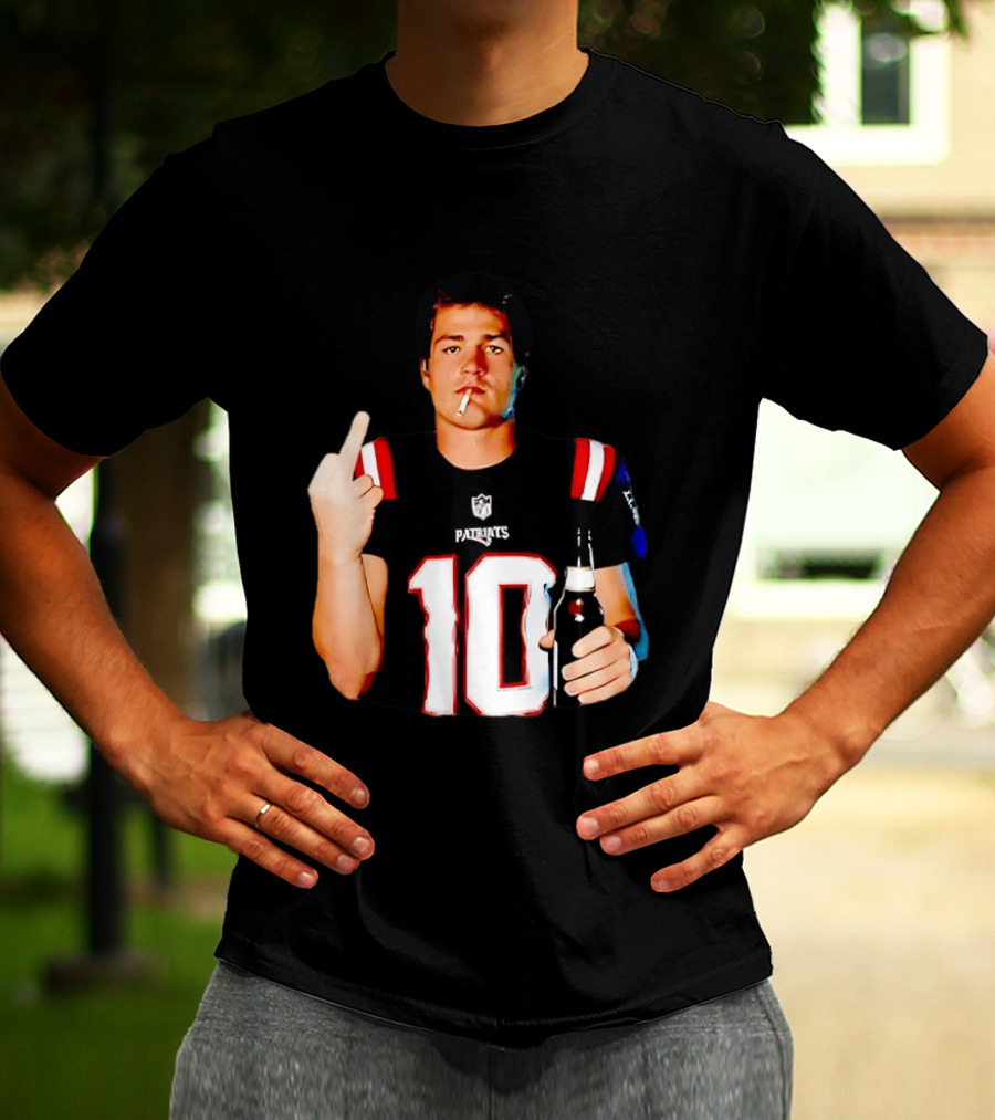Drake Maye Middle Finger Smoking Holding Beer Can New England Patriots 10 T-Shirt