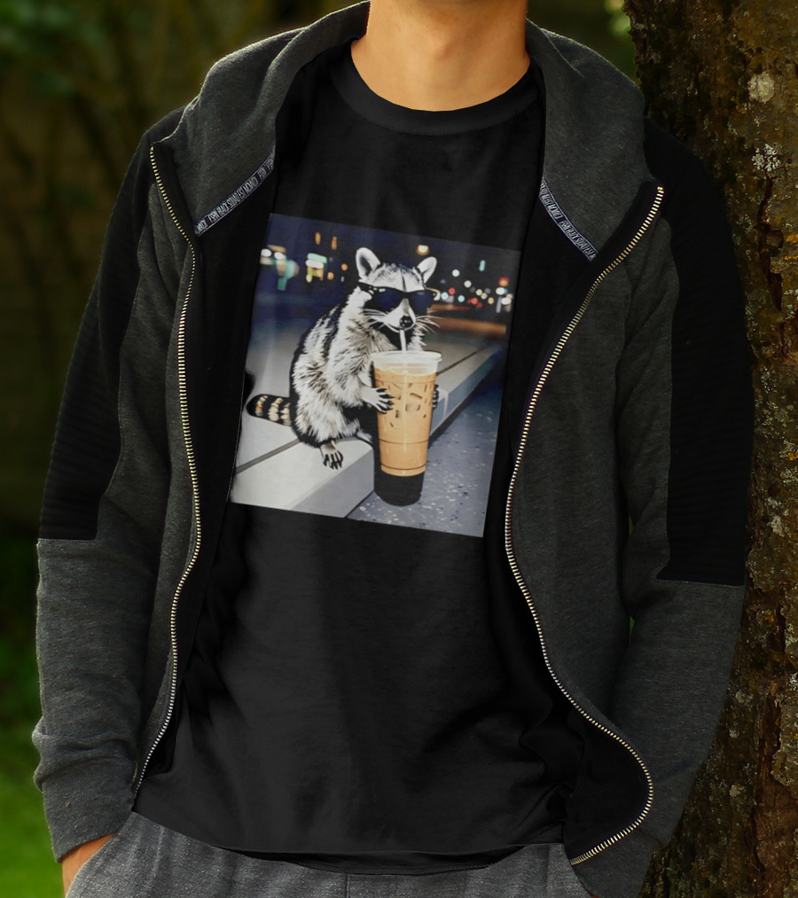 Raccoon Wearing Sunglasses Enjoying Iced Coffee Night Scene T-Shirt